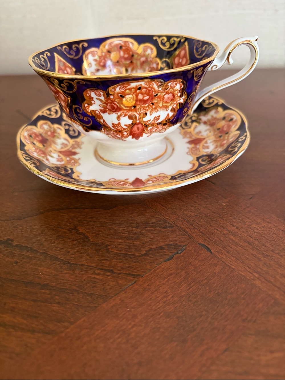 Royal Albert Heirloom Bone China Teacup and Saucer Set, Blue Floral Gold Trim
